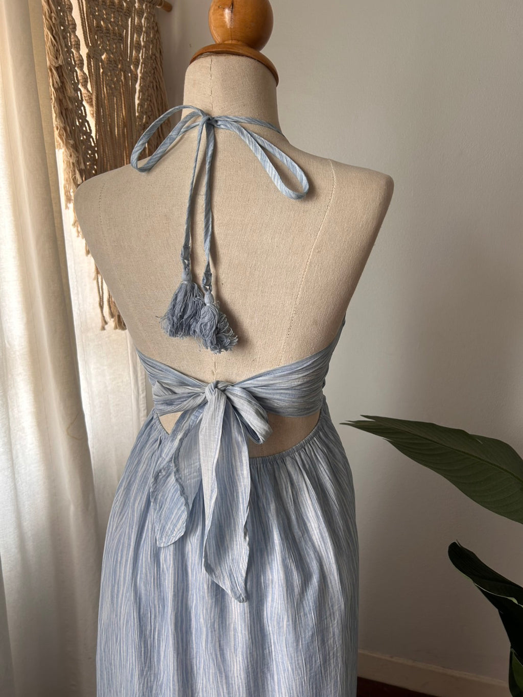 Khao Lak powder-blue maxi dress showing the open tie-back