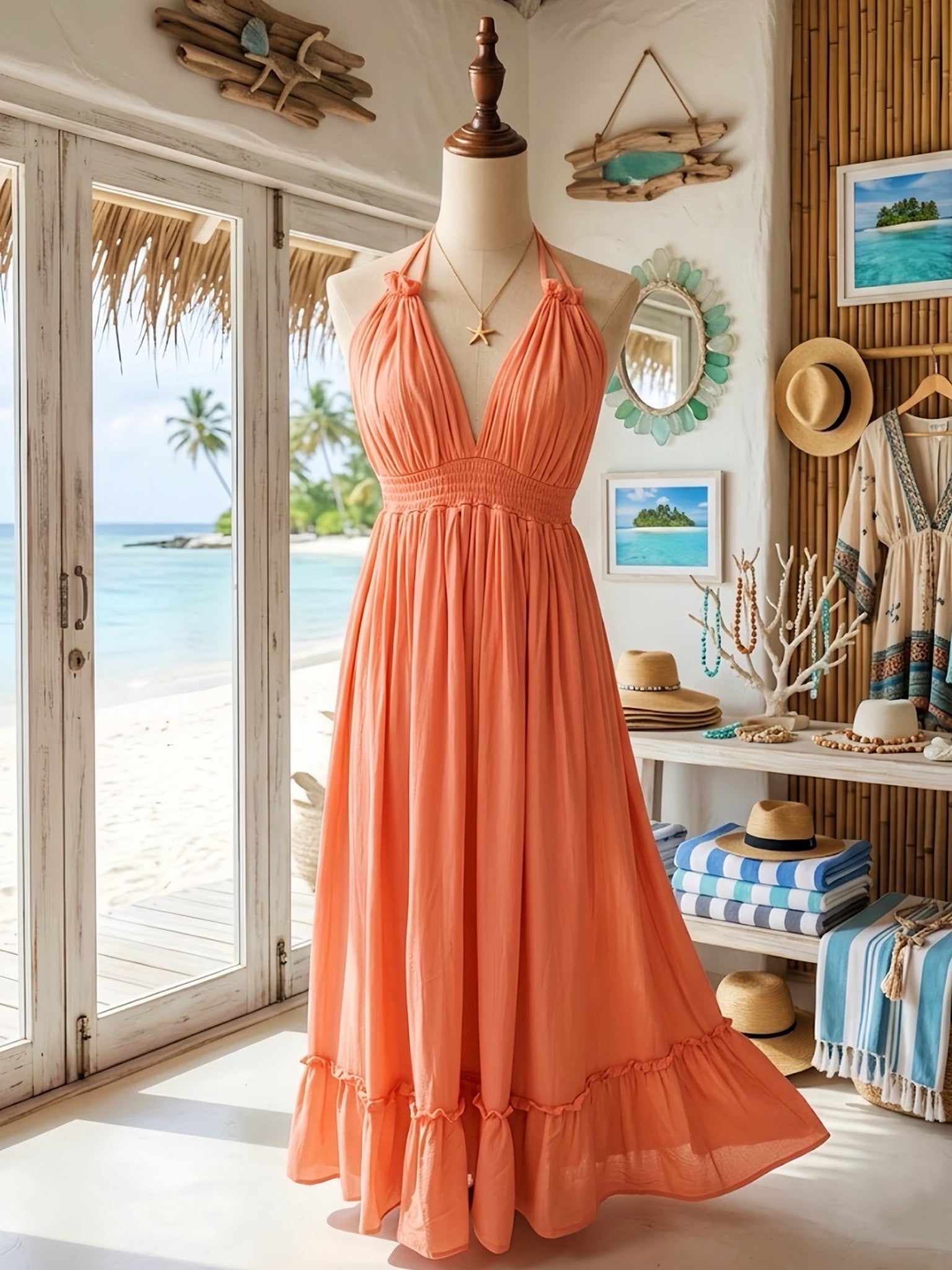 Railay Halter Maxi Dress — Coral (detail)