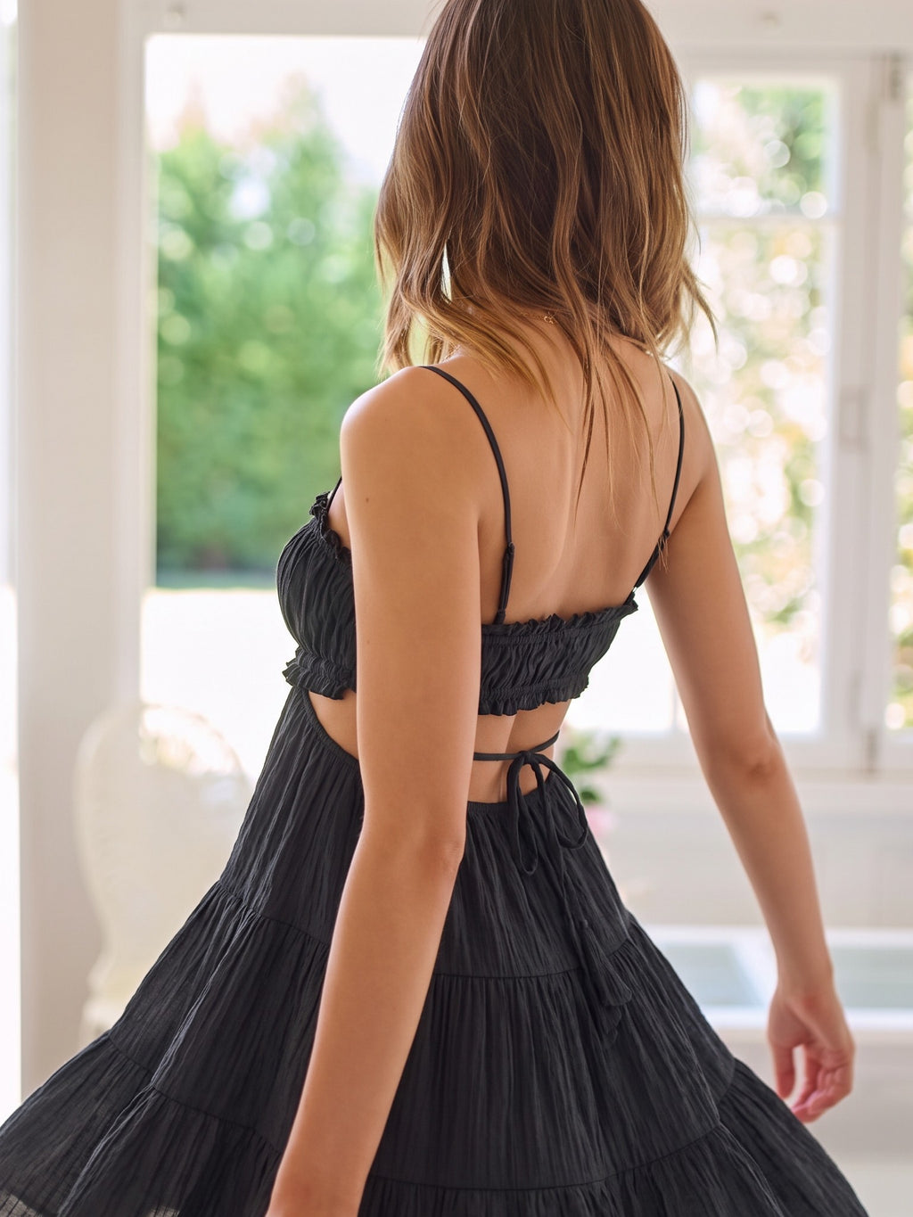 Kata Tiered Mini Dress — Black (detail)